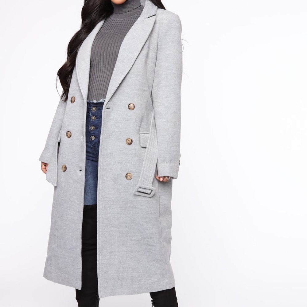FashionNova l City Takeover Coat - Grey Trench Tie Waist Detail Double Breasted
